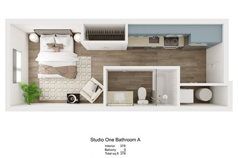 Floor plan for studio, 1 bath, 378 sqft